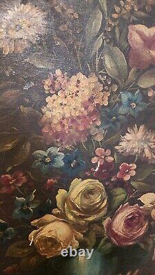 PEINTURE À L'HUILE ANTIQUE sur panneau floral italien signée et encadrée