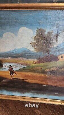 PEINTURE À L'HUILE ANTIQUE sur toile Paysage Encadré Art sombre et mélancolique Européen 44x23