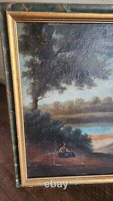 PEINTURE À L'HUILE ANTIQUE sur toile Paysage Encadré Art sombre et mélancolique Européen 44x23