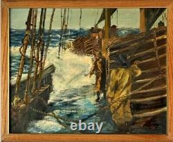 PEINTURE À L'HUILE PAYSAGE MARIN DE BATEAU FIGURATIF ANTIQUE VINTAGE WPA DES ANNÉES 40