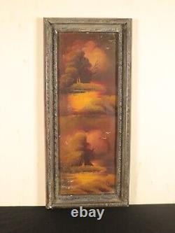 Paysage de coucher de soleil nuages Peinture à l'huile double face ancienne de grande taille avec cadre orné