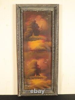 Paysage de coucher de soleil nuages Peinture à l'huile double face ancienne de grande taille avec cadre orné