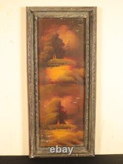 Paysage de coucher de soleil nuageux, tableau ancien à double face en huile de grande taille avec cadre orné