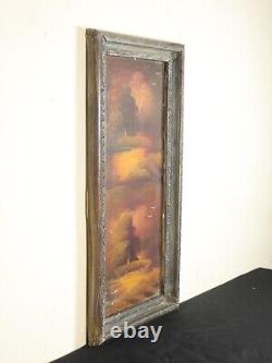Paysage de coucher de soleil nuageux, tableau ancien à double face en huile de grande taille avec cadre orné