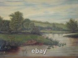 Paysage de rivière antique encadré avec raffinement, huile sur toile par A. Staddon, datant de 1915
