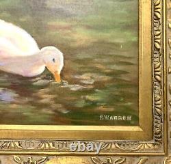 Peindre des canards dans l'étang Huile sur toile Signé P. Warren Art Vintage