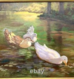 Peindre des canards dans l'étang Huile sur toile Signé P. Warren Art Vintage