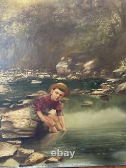 Peinture À L'huile Antique, Artiste Kansas Classé, Joel VD Patch, Boy At Stream