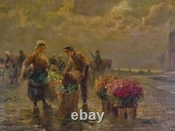 Peinture À L'huile Antique Dutch Master Flower Scene W Harbor Artist Snd. Illisible