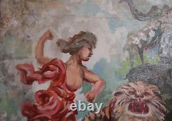 Peinture À L'huile Antique Grand Portrait Impressionniste Tarzan Animaux