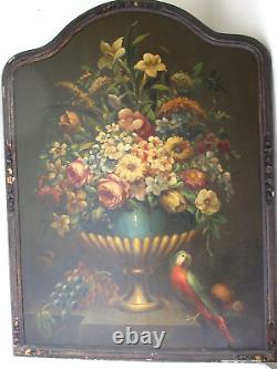Peinture À L'huile Antique Grande Urne De Fleurs Et Un Perroquet