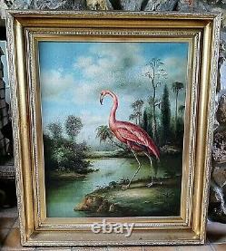 Peinture À L'huile Antique Vtg Portrait Pink Flamingo Bird In A Landscape Signed O/c