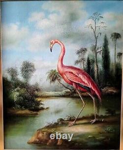 Peinture À L'huile Antique Vtg Portrait Pink Flamingo Bird In A Landscape Signed O/c