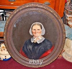 Peinture À L'huile Encadrée De Large Antique 1800 Stern Vieille Femme Bonnet Brooch Amish