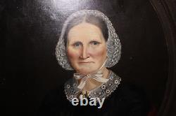 Peinture À L'huile Encadrée De Large Antique 1800 Stern Vieille Femme Bonnet Brooch Amish