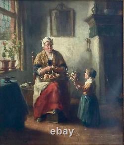 Peinture À L'huile Hollandaise Fine & Grande Antique Scène Genre Bernard De Hoog