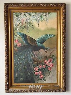 Peinture À L'huile Impressionniste Peacock Antique Vieux Paysage Roses D'oiseaux 1930