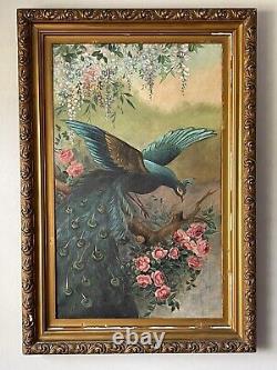 Peinture À L'huile Impressionniste Peacock Antique Vieux Paysage Roses D'oiseaux 1930