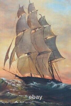Peinture À L'huile Nautique D'un Navire De Haute Mer Antique Encadrée Non Signée 37.5 X 52 Domaine