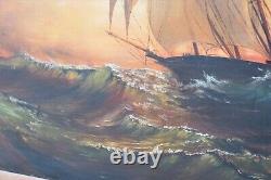 Peinture À L'huile Nautique D'un Navire De Haute Mer Antique Encadrée Non Signée 37.5 X 52 Domaine