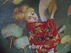 Peinture À L'huile Signée Antique 25 X 37 Asian Fan Dance Renoir Cadre Original Beauty