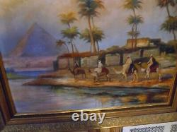 Peinture À L'huile Signée Antique Pyramide Égyptienne Scène Chameau Original 33 X 25 Cadre