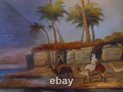 Peinture À L'huile Signée Antique Pyramide Égyptienne Scène Chameau Original 33 X 25 Cadre