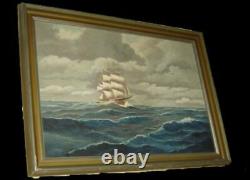 Peinture À L'huile Signée Galleon Nautical Galleon Maritime Grand Clipper Antique