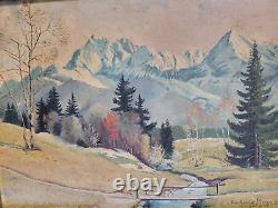 Peinture Antique À L'huile 1940s Allemagne Forêt Montagne Arbres Rivière Paysage Neige