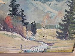 Peinture Antique À L'huile 1940s Allemagne Forêt Montagne Arbres Rivière Paysage Neige