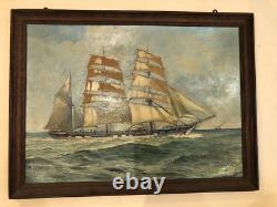 Peinture Antique Bouisset Huile Sur Panneau Trois Mâts Navire Mer Art Déco Rare 20ème