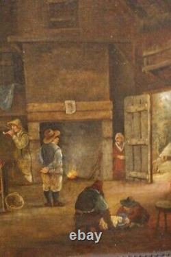 Peinture Antique Huile Sur Toile Représentant Une Auberge Cadre De Caractère Rare Vieux 19ème