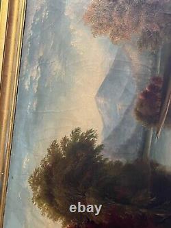 Peinture Antique des Années 1800 à l'Huile sur Toile avec Cadre en Bois Doré à la Feuille d'Or, Paysage