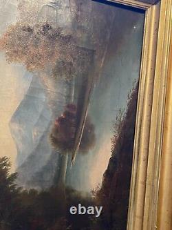 Peinture Antique des Années 1800 à l'Huile sur Toile avec Cadre en Bois Doré à la Feuille d'Or, Paysage