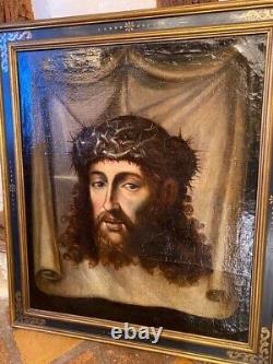 Peinture De Toile D'huile Antique Visage De Christ Veil Saint Veronica Crown Thorns 18ème