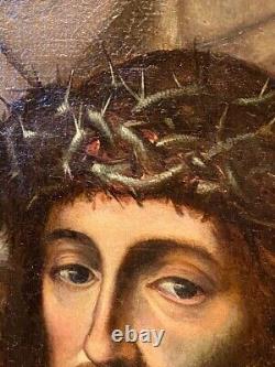 Peinture De Toile D'huile Antique Visage De Christ Veil Saint Veronica Crown Thorns 18ème