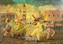 Peinture, Scène De Carnaval De Venise, Huile Sur Toile, Cadre Magnifique, Vintage / Antique