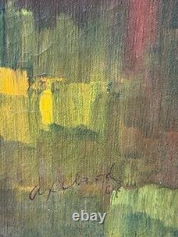 Peinture à l'huile abstraite ancienne d'époque du milieu du siècle par Axelrod, vintage 1964.