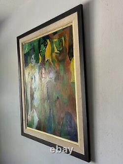 Peinture à l'huile abstraite ancienne de style cubiste de la femme, d'époque rétro, d'art moderne du milieu du siècle