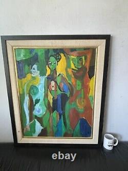 Peinture à l'huile abstraite ancienne de style cubiste de la femme, d'époque rétro, d'art moderne du milieu du siècle