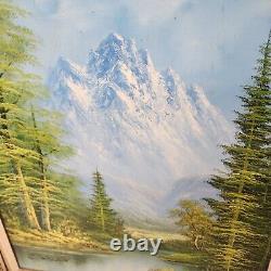 Peinture à l'huile américaine antique Paysage de montagne, rivière et forêt signée C. Helen
