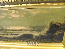 Peinture à l'huile ancienne : Une balade en pleine lune le long de la côte du Maine