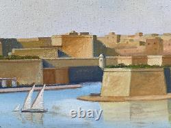 Peinture à l'huile ancienne d'Aquilina - Grand Harbour Valletta Malte - Jardins de Barakka Port