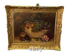 Peinture à l'huile ancienne de E. Chester nature morte de fruits et fleurs cadre en bois doré 20x24