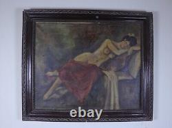 Peinture à l'huile ancienne de dame nue dans un cadre orné, œuvre d'art grande rare de femme nue