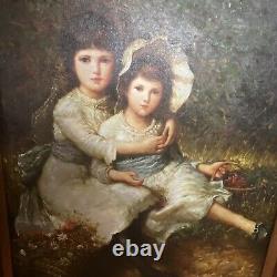 Peinture à l'huile ancienne de deux soeurs sur toile, grande avec cadre