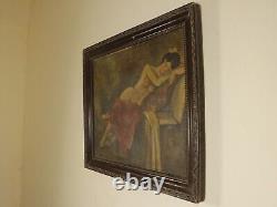 Peinture à l'huile ancienne de femme nue dans un cadre orné, œuvre d'art de grande taille rare