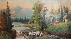 Peinture à l'huile ancienne de grand format paysage de montagne et de rivière