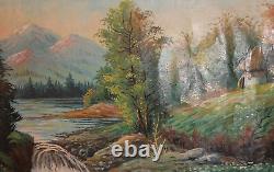 Peinture à l'huile ancienne de grand format paysage de montagne et de rivière