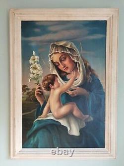 Peinture à l'huile ancienne de grande taille de la Vierge italienne Sorgiani et de l'Enfant Jésus portrait de la Dame